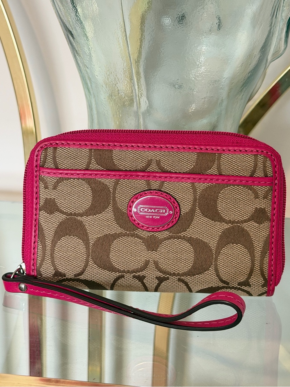 Coach Brown Signature Canvas Wristlet with Pink Trim